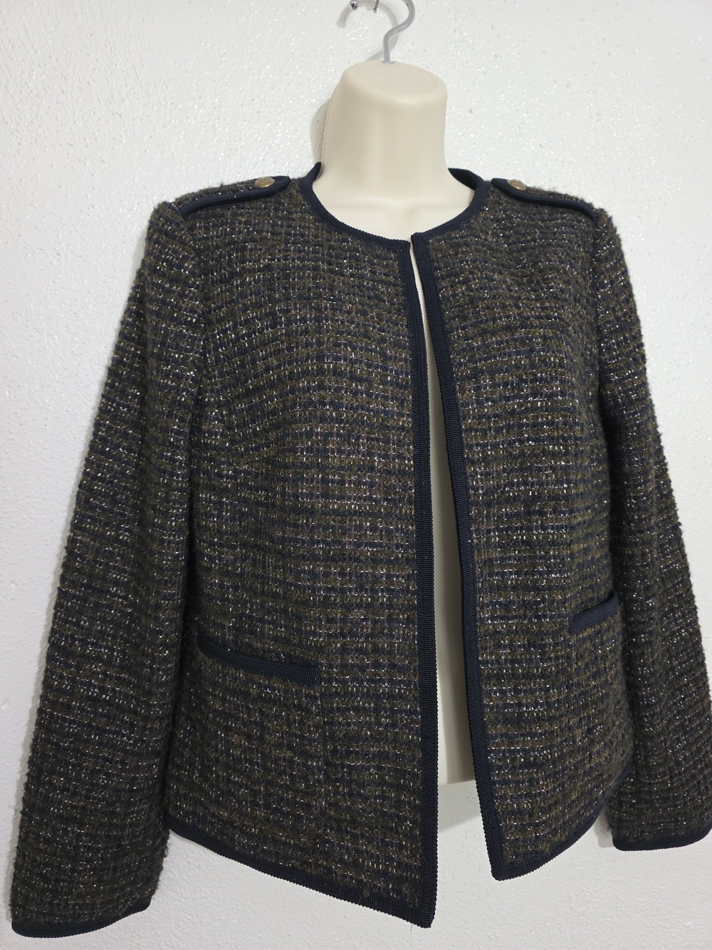 Talbots Metallic Wool Alpaca Blend Tweed Blazer Italian Fabric Green Blue 4Petit